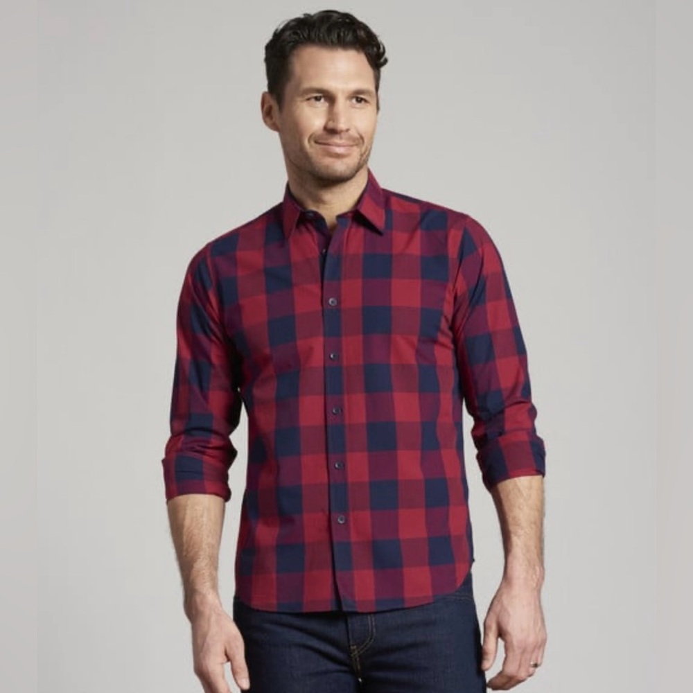 UNTUCKit Barolo Buffalo Plaid Red Navy Plaid Button Down Shirt Mens M